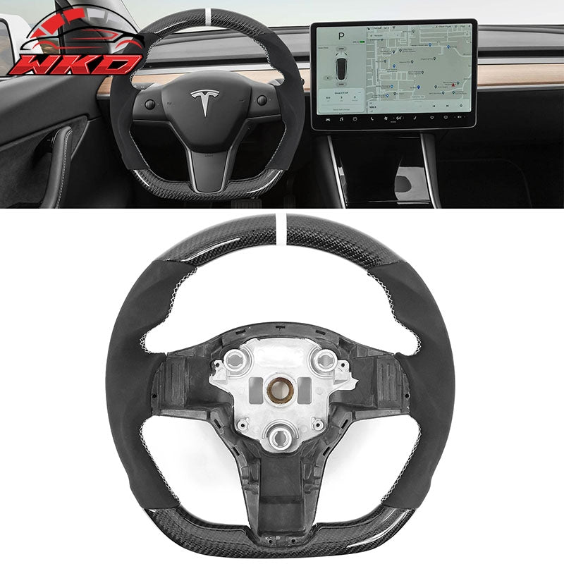Fits 17-25 Tesla Model 3 Y Carbon Fiber Steering Wheel Alcantara W/ White Stitch