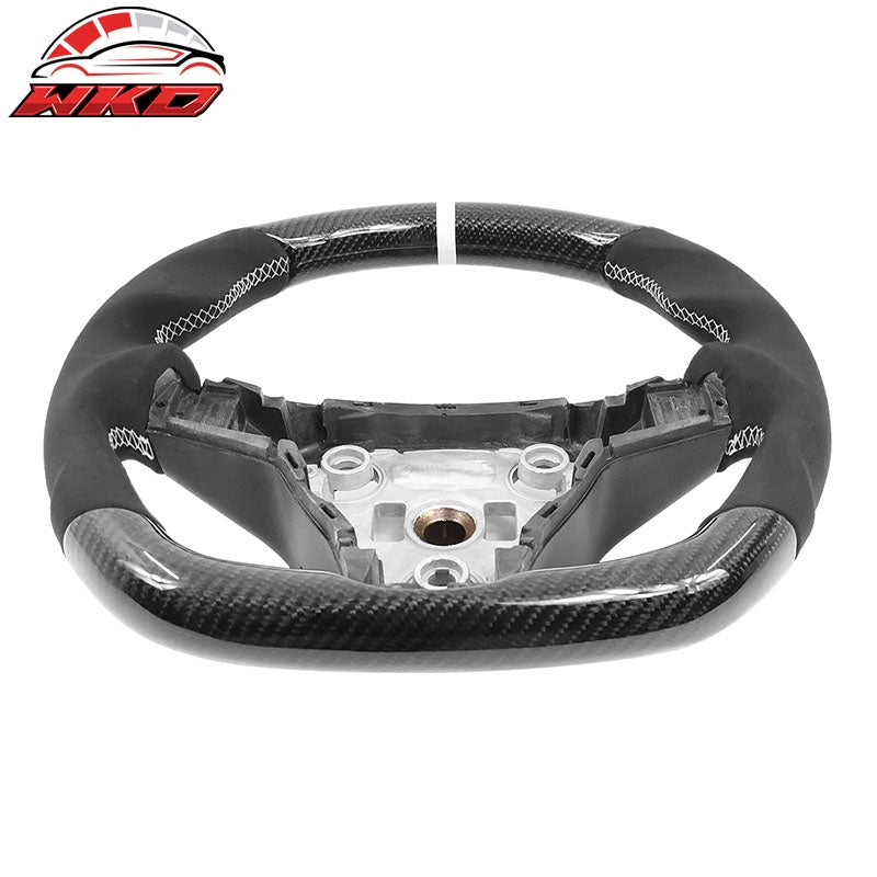 Fits 17-25 Tesla Model 3 Y Carbon Fiber Steering Wheel Alcantara W/ White Stitch