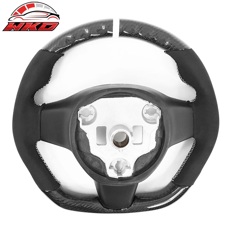 Fits 17-25 Tesla Model 3 Y Carbon Fiber Steering Wheel Alcantara W/ White Stitch