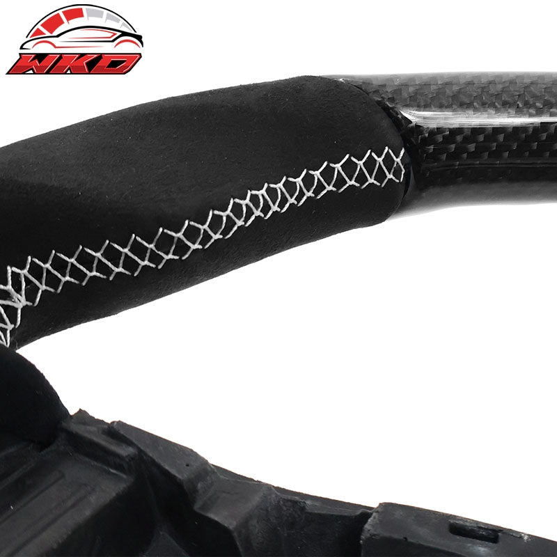 Fits 17-25 Tesla Model 3 Y Carbon Fiber Steering Wheel Alcantara W/ White Stitch