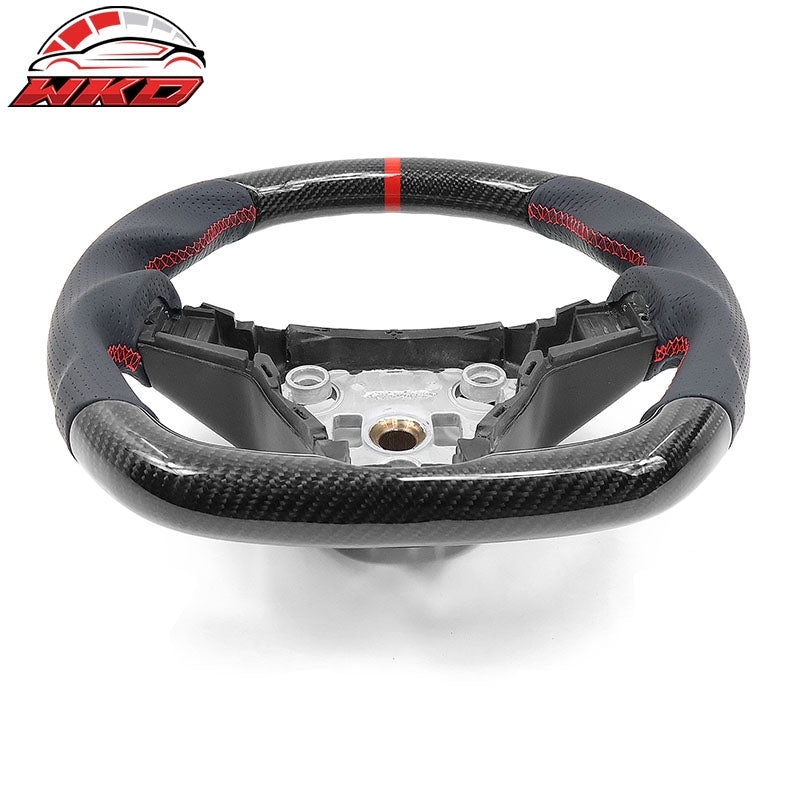 Fits 17-25 Tesla Model 3 & Y Steering Wheel CF Leather W/ Red Stitch & Stripe