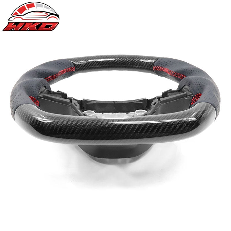 Fits 17-25 Tesla Model 3 & Y Steering Wheel Carbon Fiber Leather W/ Red Stitch