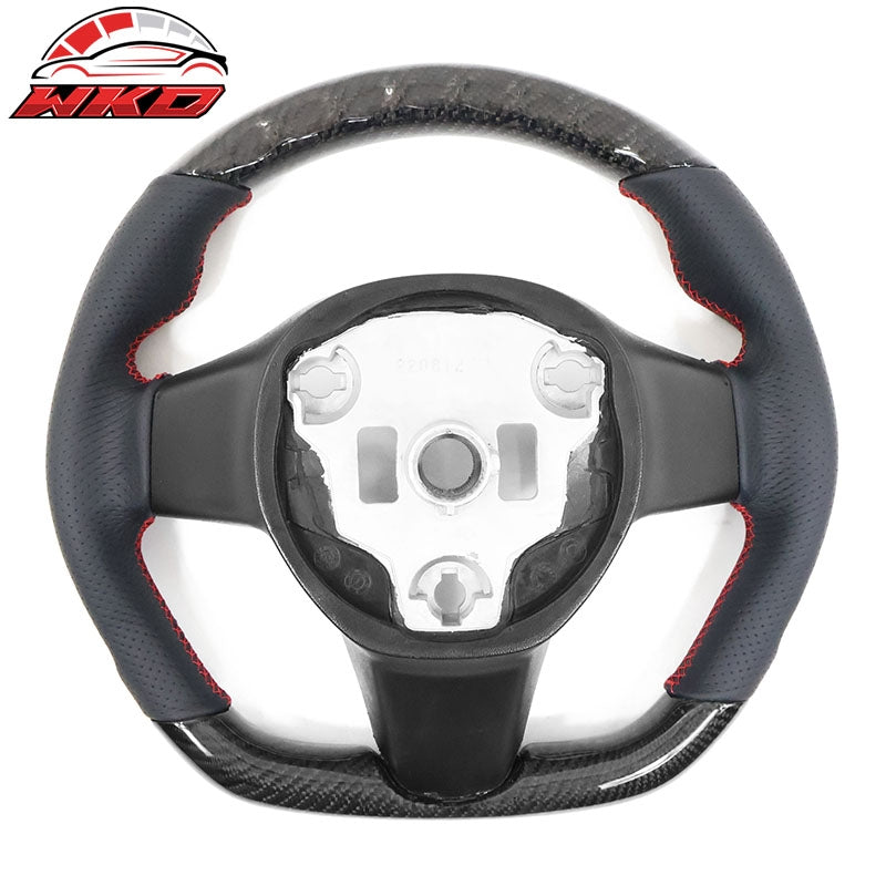 Fits 17-25 Tesla Model 3 & Y Steering Wheel Carbon Fiber Leather W/ Red Stitch