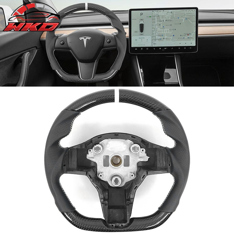 Fits 17-25 Tesla Model 3 & Y Steering Wheel Carbon Fiber Leather W/ White Stitch