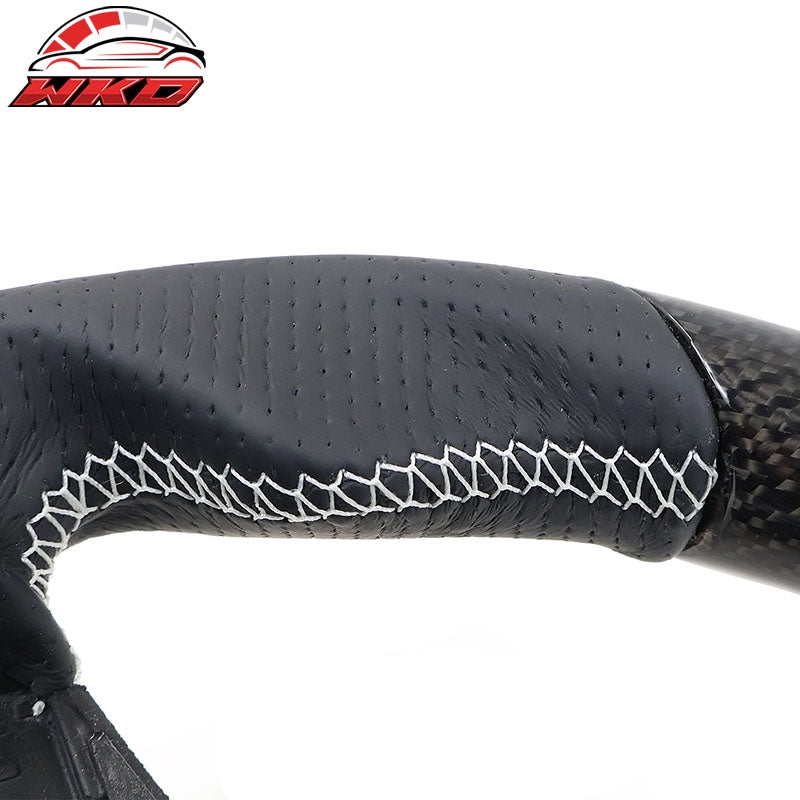 Fits 17-25 Tesla Model 3 & Y Steering Wheel Carbon Fiber Leather W/ White Stitch