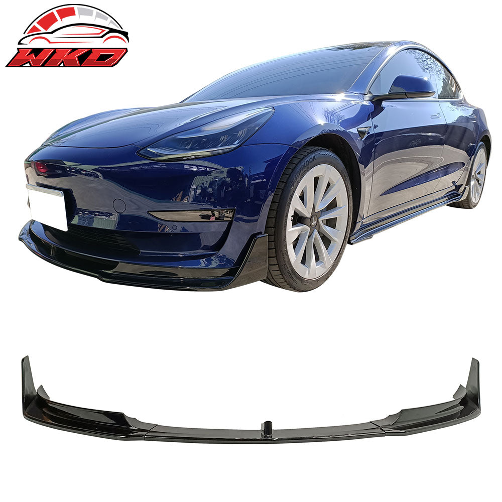 Fits 17-23 Tesla Model 3 V Style 5PCS Front Bumper Lip PP #PBSB Eclipse Black