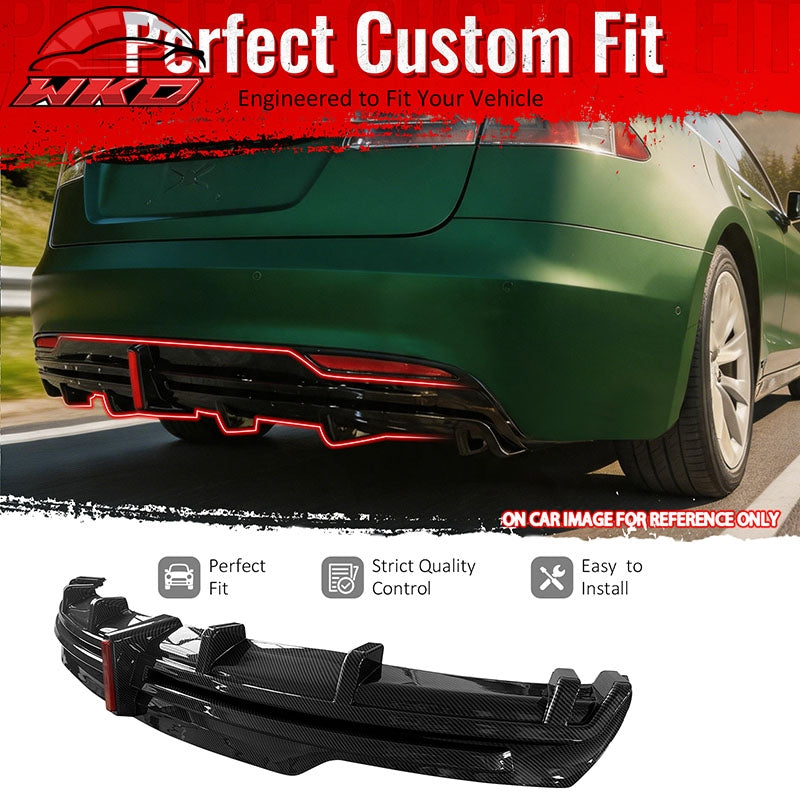 Fits 16-21 Tesla Model S LED Rear Bumper Diffuser W/ Fin PP Carbon Fiber Print