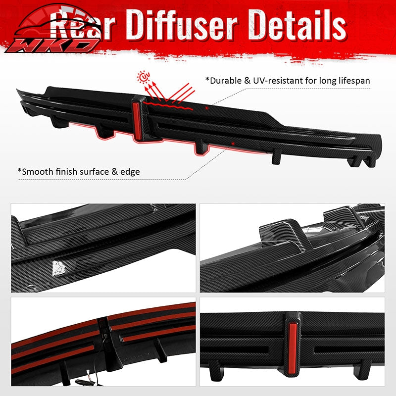 Fits 16-21 Tesla Model S LED Rear Bumper Diffuser W/ Fin PP Carbon Fiber Print