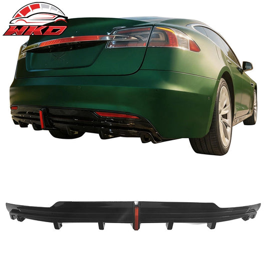Wholesale 16-21 Tesla Model S LED Rear Bumper Diffuser Lip W/ 7-Fin PP Gloss Black
