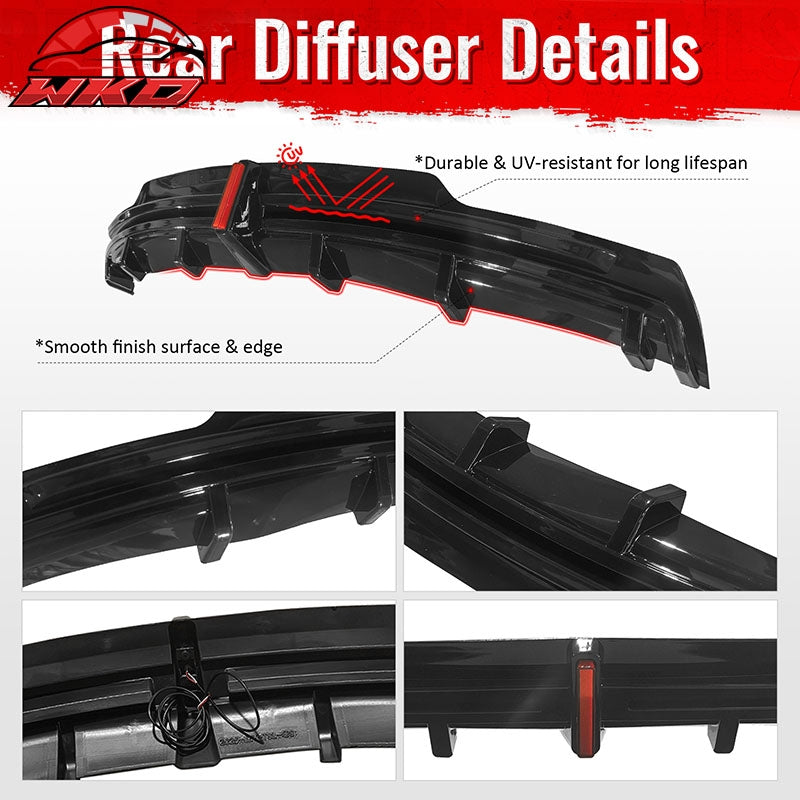 Fits 16-21 Tesla Model S LED Rear Bumper Diffuser Lip W/ 7-Fin PP Gloss Black