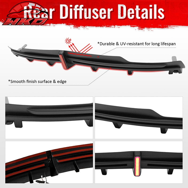 Fits 16-21 Tesla Model S LED Rear Bumper Diffuser Lip W/ 7-Fin PP Matte Black