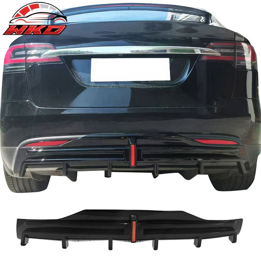 Wholesale 16-21 Tesla Model X LED Rear Bumper Diffuser Lip W/ 6-Fin PP Gloss Black