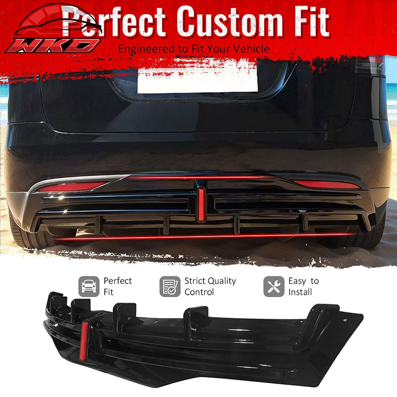 Fits 16-21 Tesla Model X LED Rear Bumper Diffuser Lip W/ 6-Fin PP Gloss Black