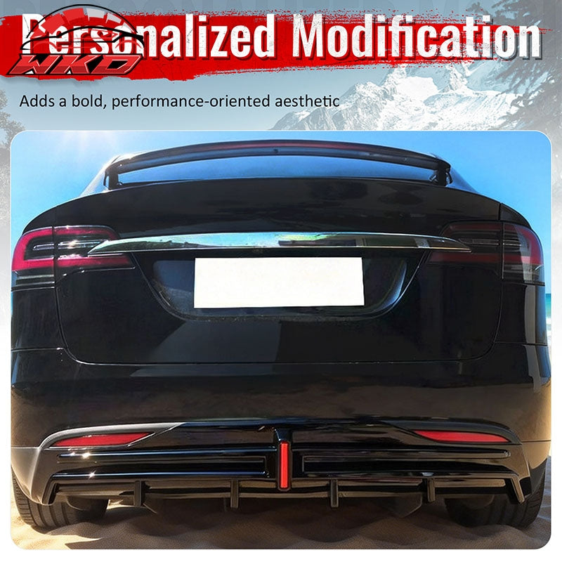 Fits 16-21 Tesla Model X LED Rear Bumper Diffuser Lip W/ 6-Fin PP Gloss Black