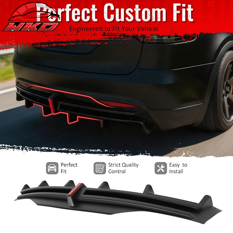Fits 16-21 Tesla Model X LED Rear Bumper Diffuser Lip W/ 6-Fin PP Matte Black