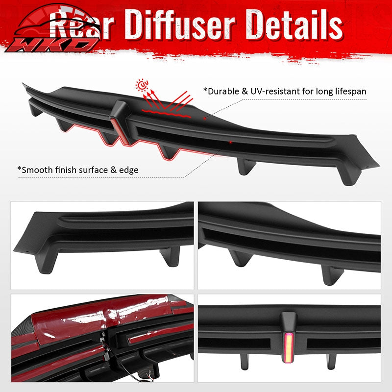 Fits 16-21 Tesla Model X LED Rear Bumper Diffuser Lip W/ 6-Fin PP Matte Black