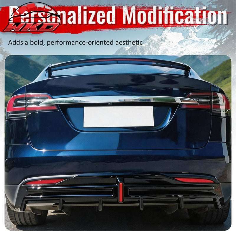 Fits 16-21 Tesla Model X LED Rear Bumper Diffuser Lip W/ 6-Fin PP Matte Black