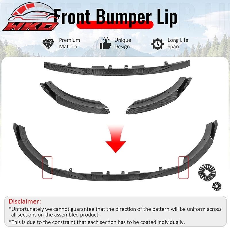 Fits 25-26 Tesla Model Y Front Bumper Lip Carbon Fiber Print 3PC ABS V2 Spoiler