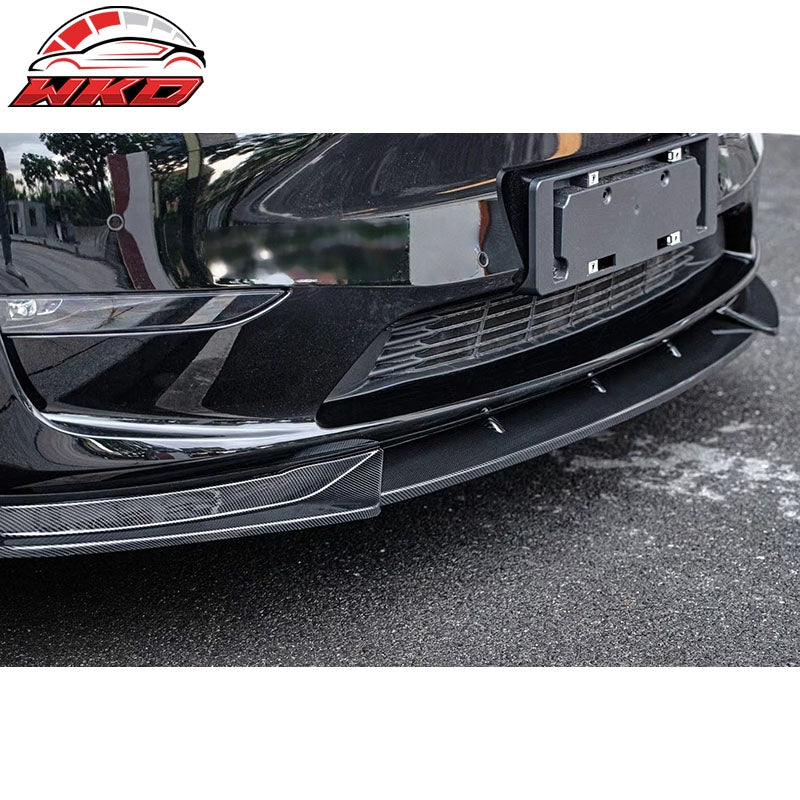 Fits 20-25 Tesla Model Y Front Bumper Lip Spoiler Carbon Fiber Print PP 3PC