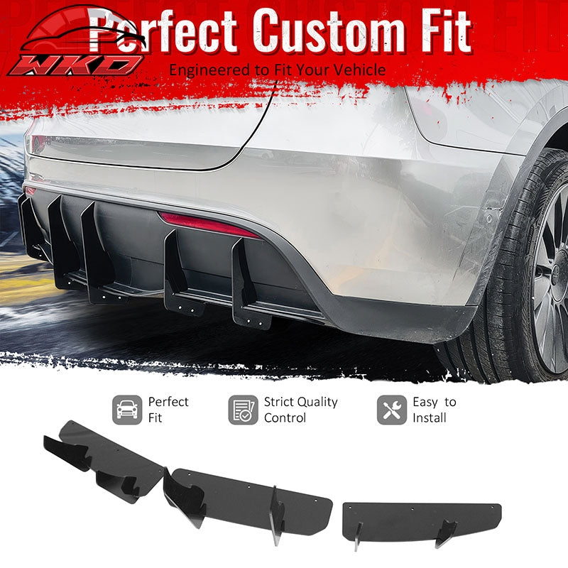 Fits 20-25 Tesla Model Y IKON Rear Bumper Lip Diffuser Shark Fin Gloss Black 3PC