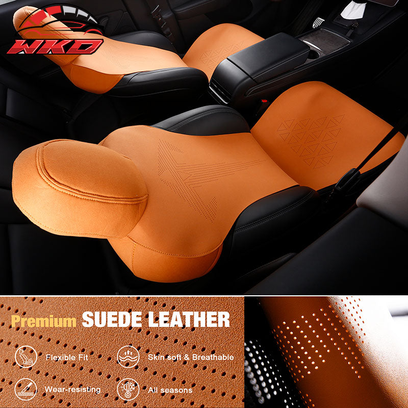 Fits 20-25 Tesla Model Y V1 Seat Covers Cushion Protector Suede Leather Orange
