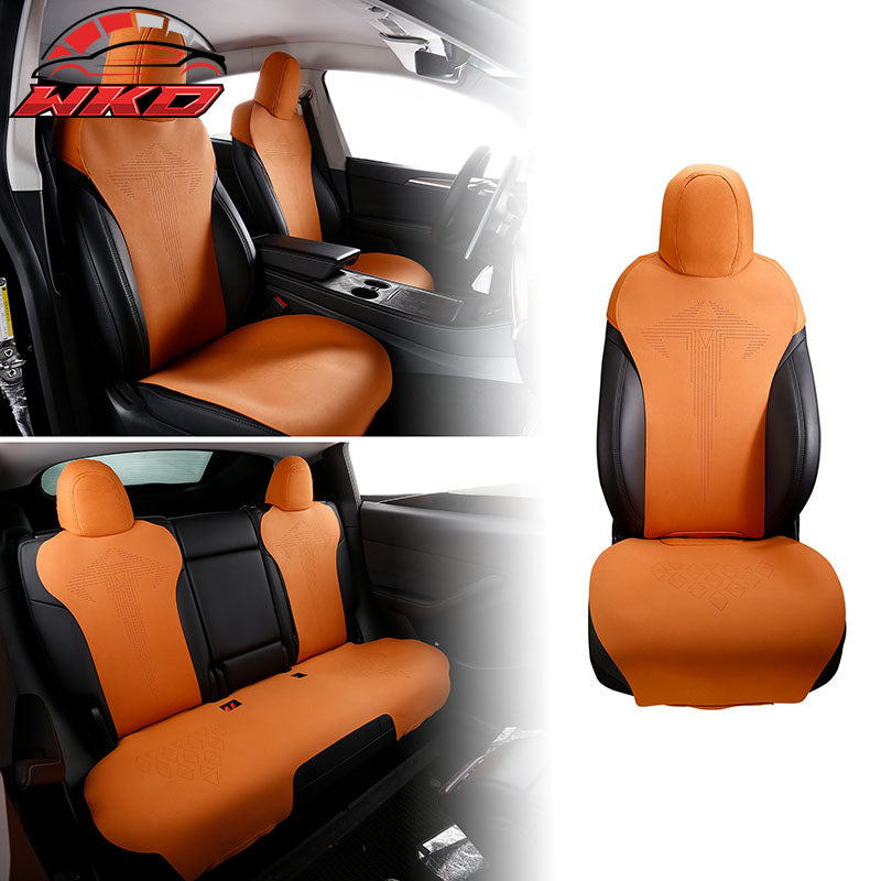 Fits 20-25 Tesla Model Y V1 Seat Covers Cushion Protector Suede Leather Orange