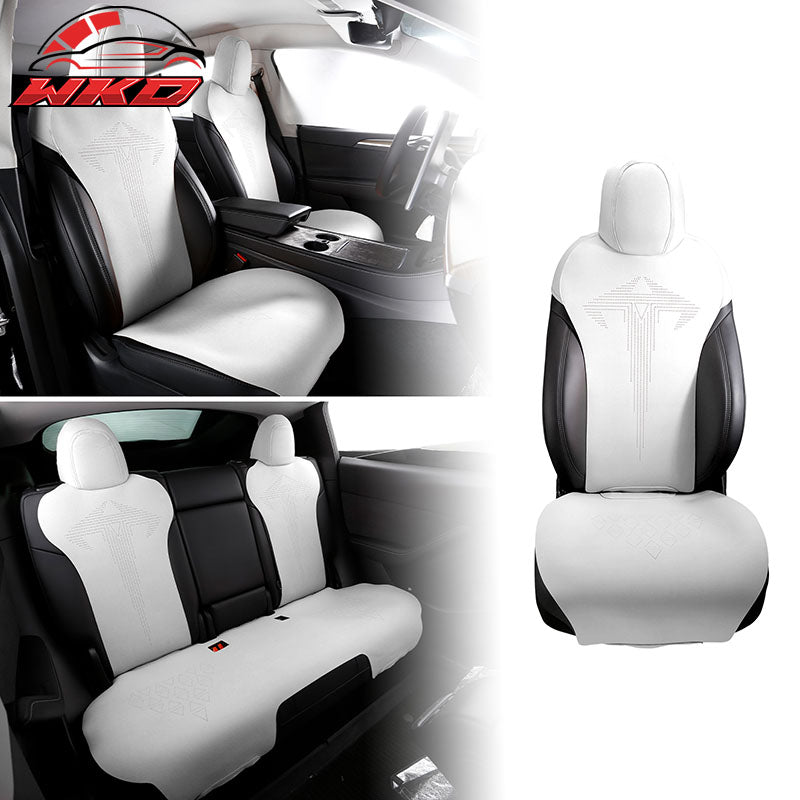 Fits 20-25 Tesla Model Y V1 Seat Covers Cushion Protector Suede Leather White
