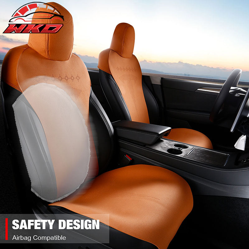Fits 20-25 Tesla Model Y V2 Seat Covers Cushion Protector Suede Leather Orange