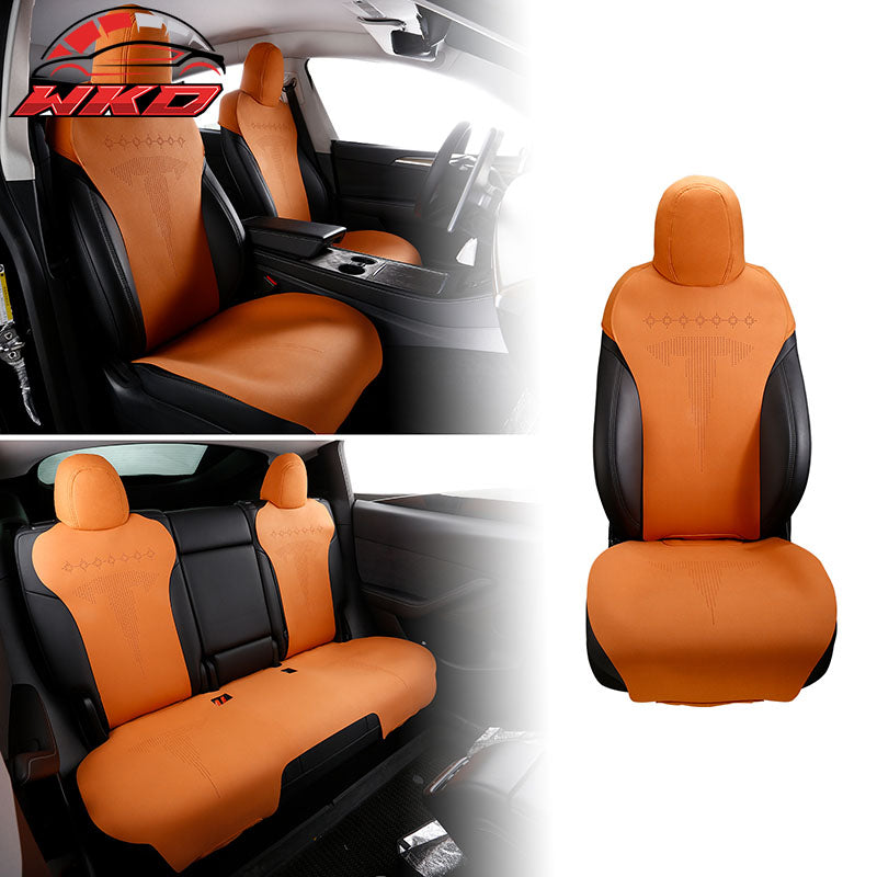 Fits 20-25 Tesla Model Y V2 Seat Covers Cushion Protector Suede Leather Orange