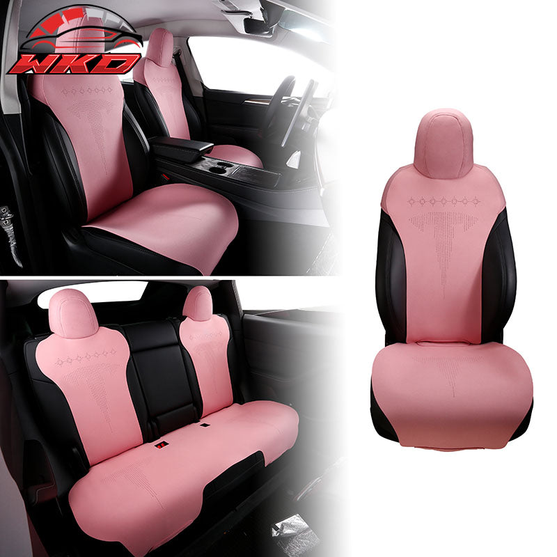 Fits 20-25 Tesla Model Y V2 Seat Covers Cushion Protector Suede Leather Pink