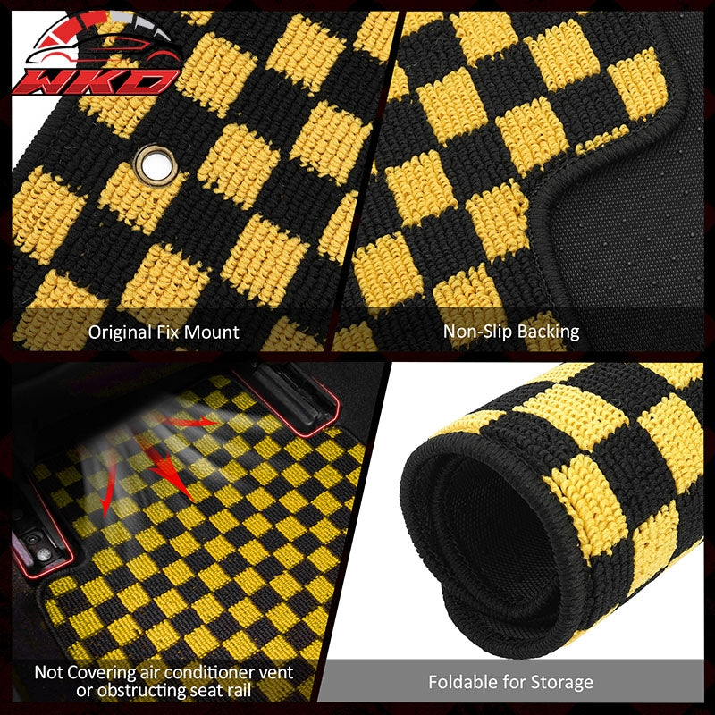 Fits 07-11 Toyota Camry Anti-slip Floor Mats Checkered Carpet Black Yellow Plaid
