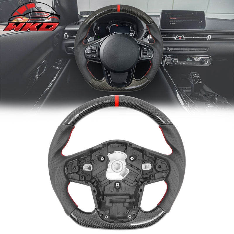 Fits 20-26 Toyota GR Supra A90 A91 CF Carbon Steering Wheel W/Red Stitch&Stripe