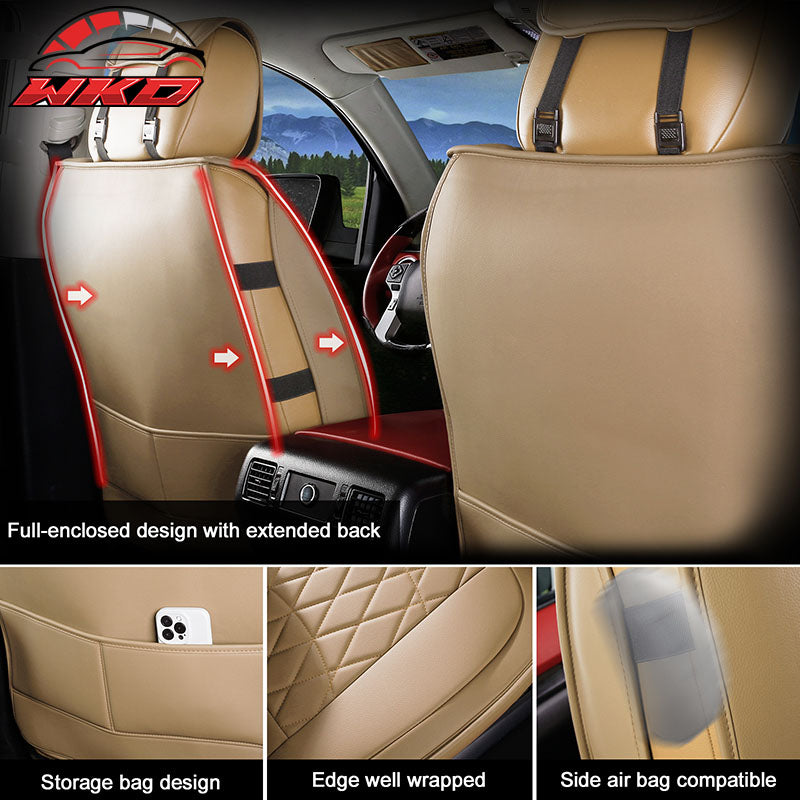 Fits 08-23 Toyota Tundra Beige Full Set Seat Covers Front Rear Row PU Leather