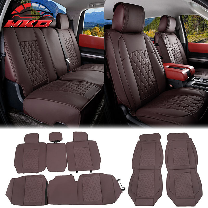 Fits 08-23 Toyota Tundra Brown Full Set Seat Covers Front Rear Row PU Leather