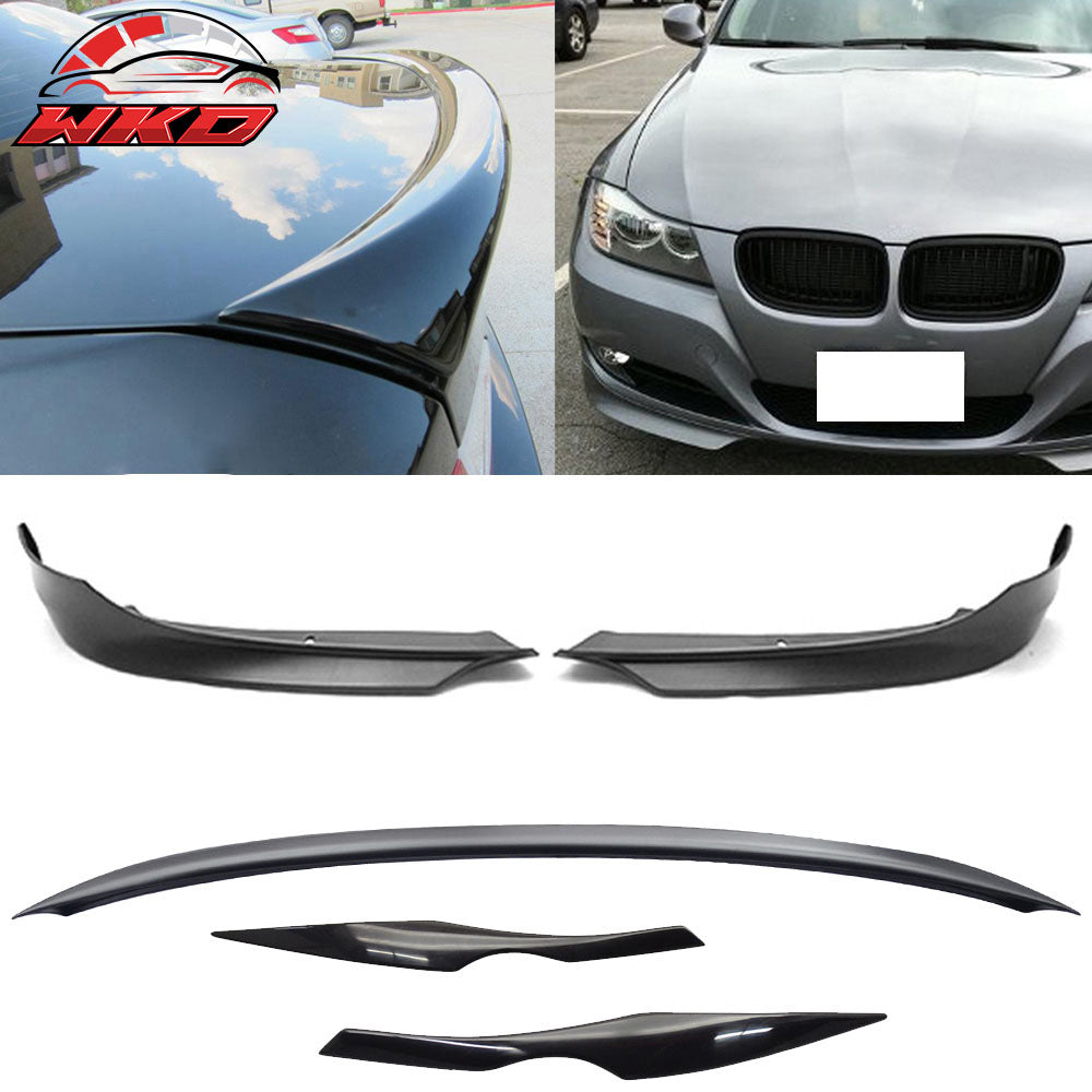 Fits 09-11 E90 Sedan OE Trunk Spoiler & Front Bumper Lip & Headlight Eyelids