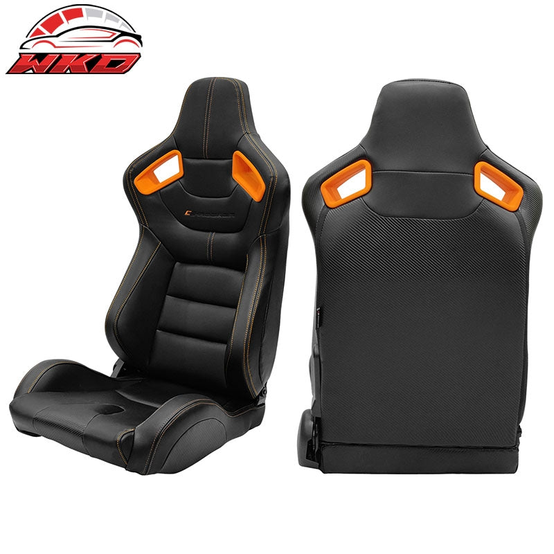 Universal 2 Adjust Racing Seat Dual Slider PU Carbon Leather Orange Bezel Stitch