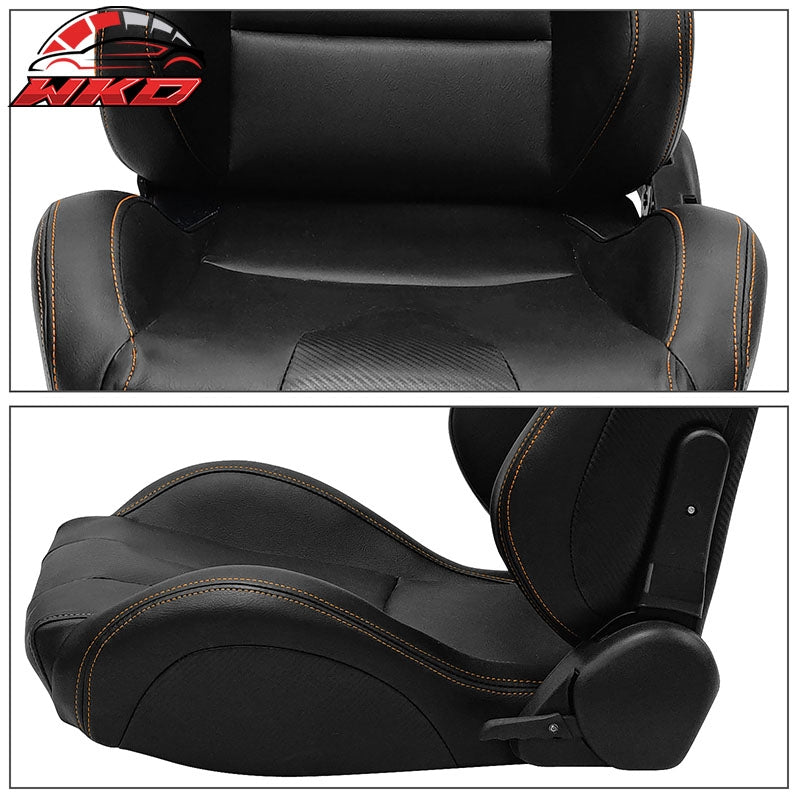 Universal 2 Adjust Racing Seat Dual Slider PU Carbon Leather Orange Bezel Stitch