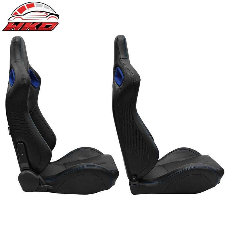 Universal x2 Adjustable Racing Seat Dual Slider PU Carbon Blue Bezel Stitch