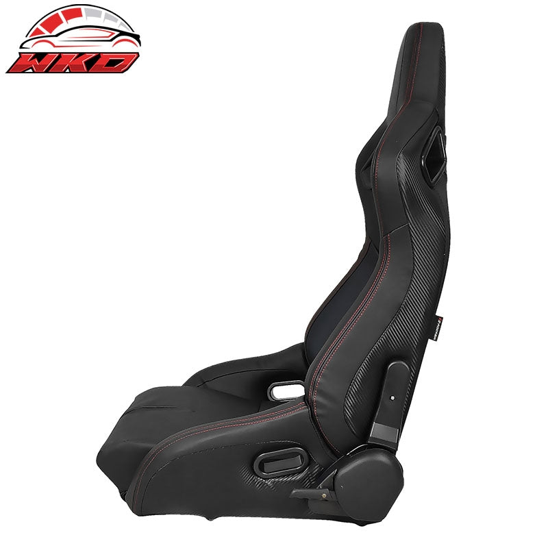 Universal Reclinable Bucket Racing Seat Left Side Dual Sliders Black PU Leather