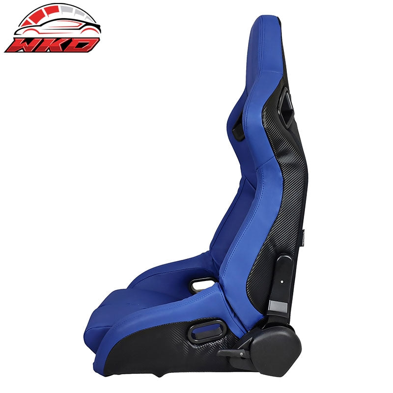 Universal Reclinable Bucket Racing Seat Left Side Dual Sliders Blue PU Leather