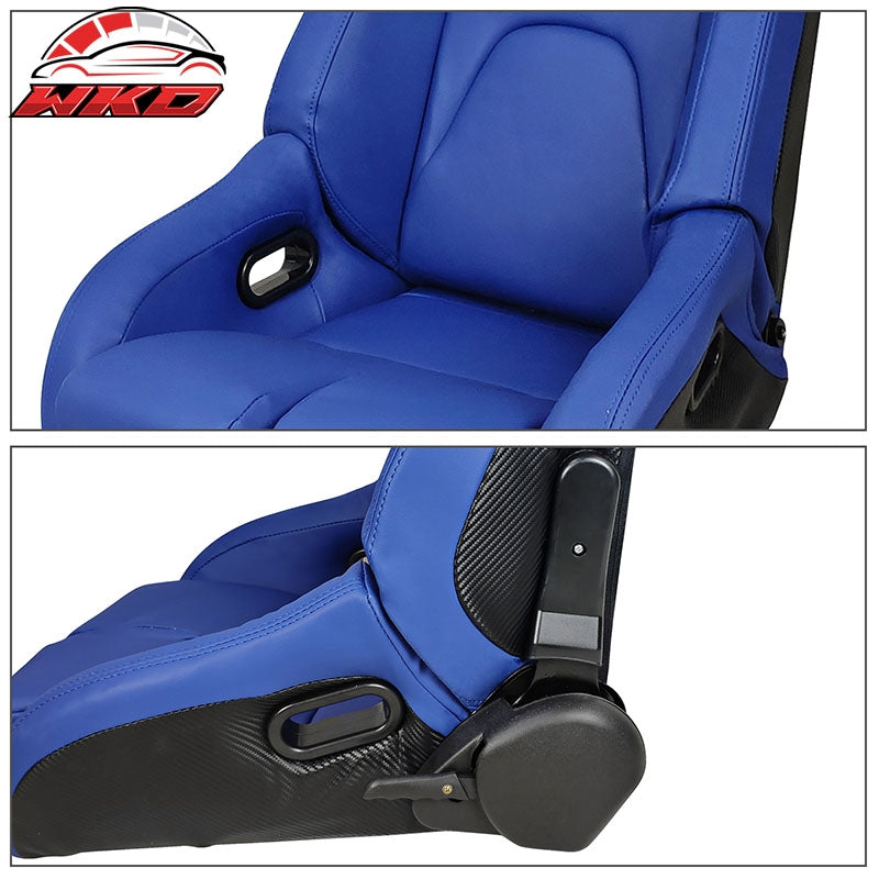 Universal Reclinable Bucket Racing Seat Left Side Dual Sliders Blue PU Leather