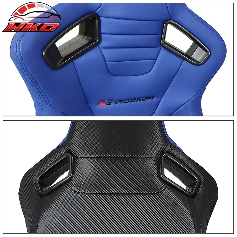 Universal Reclinable Bucket Racing Seat Left Side Dual Sliders Blue PU Leather
