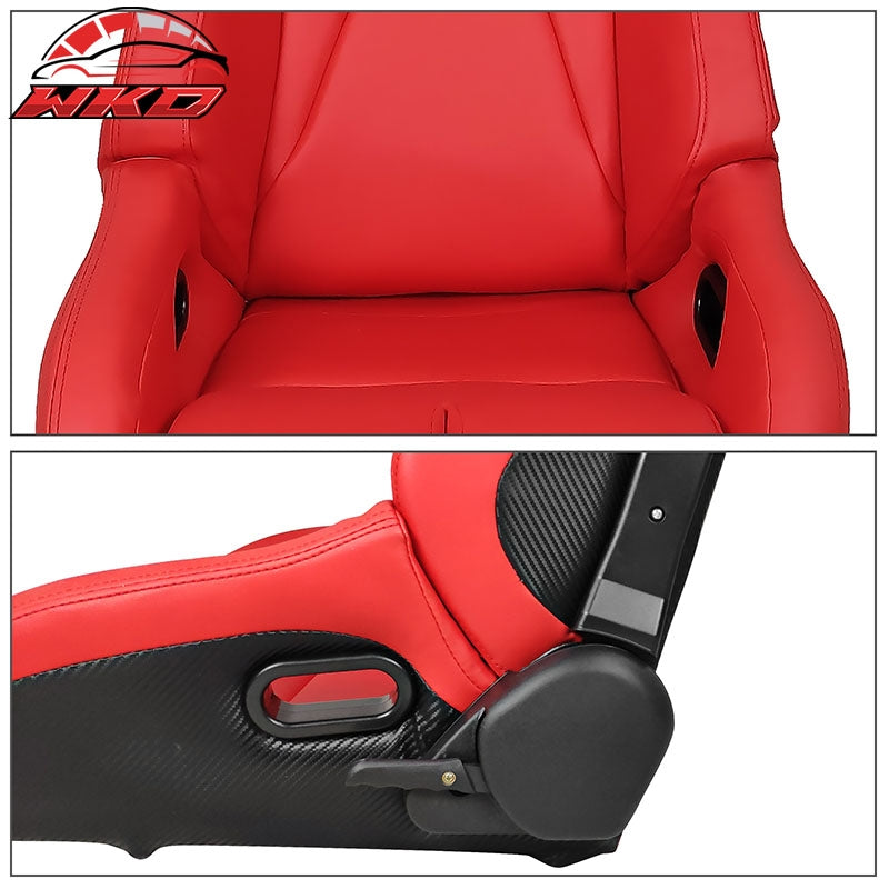 Universal Reclinable Bucket Racing Seat Left Side Dual Sliders Red PU Leather