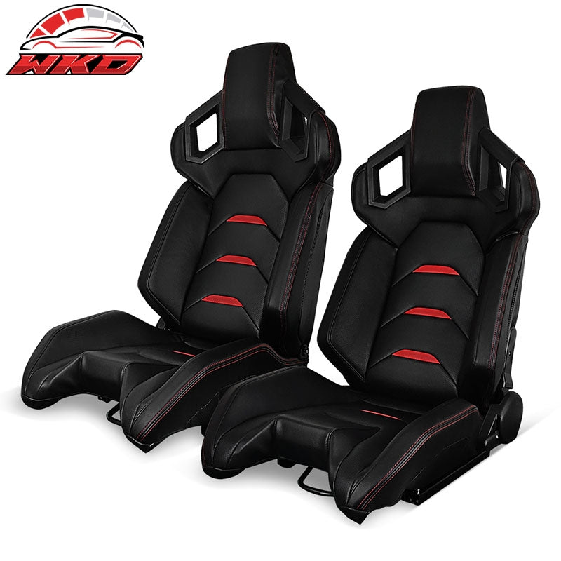 Wholesale Universal Pair Reclinable Racing Seats Dual Sliders PU Carbon Leather Red Stripe