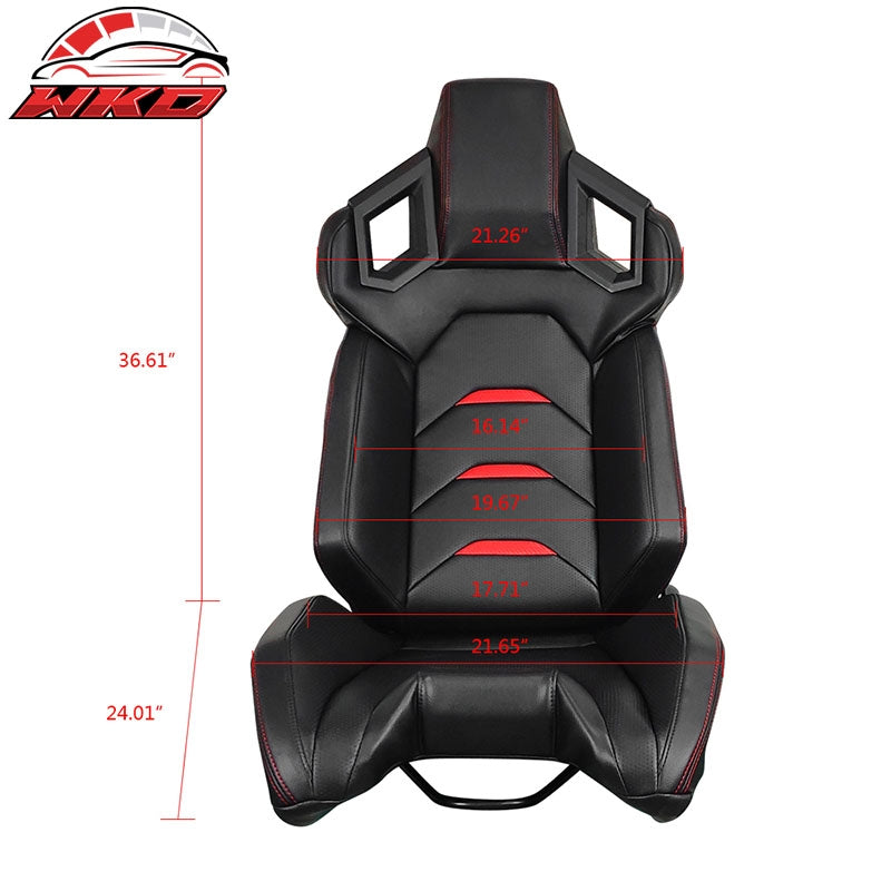 Universal Pair Reclinable Racing Seats Dual Sliders PU Carbon Leather Red Stripe