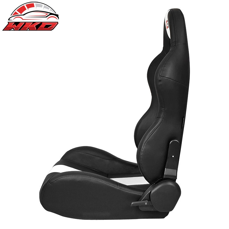 Universal Reclinable Racing Seat Dual Slider Left Black PU Leather White Stripe
