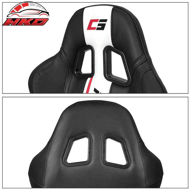 Universal Reclinable Racing Seat Dual Slider Left Black PU Leather White Stripe