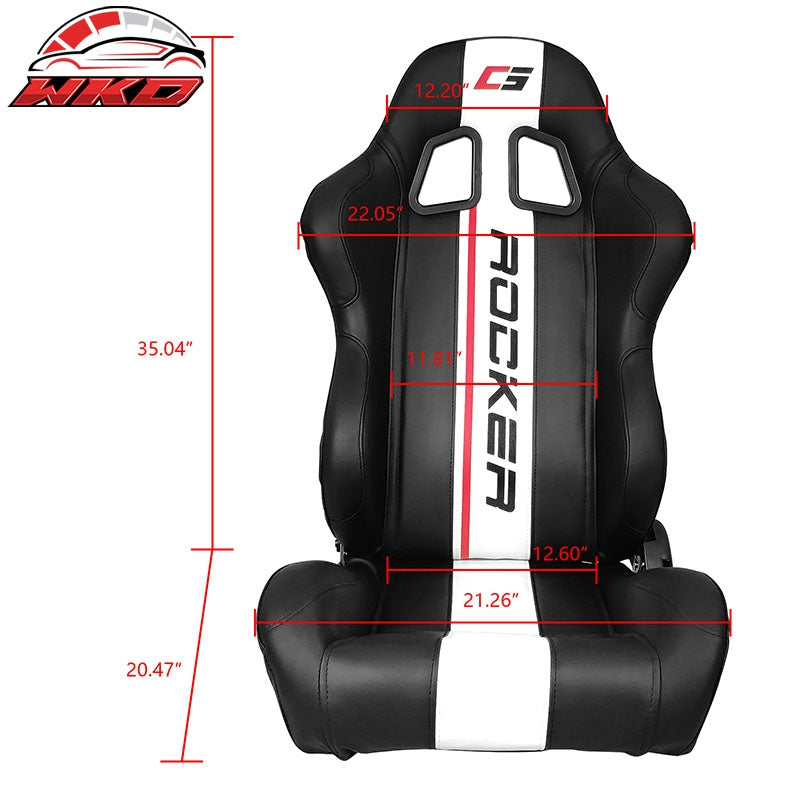Universal Reclinable Racing Seat Dual Slider Left Black PU Leather White Stripe