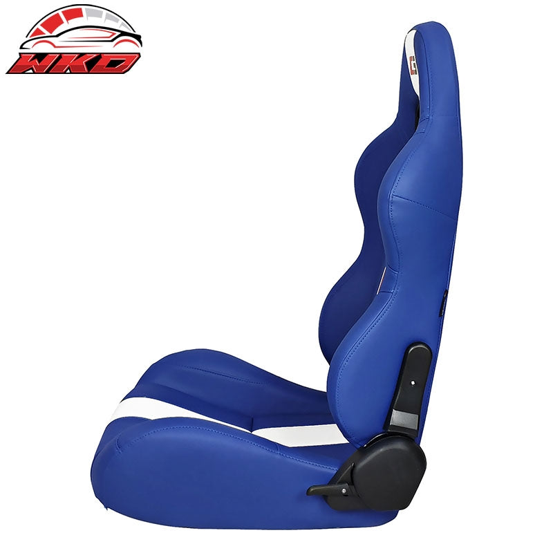 Universal Reclinable Racing Seat Dual Slider Left Blue PU Leather White Stripe