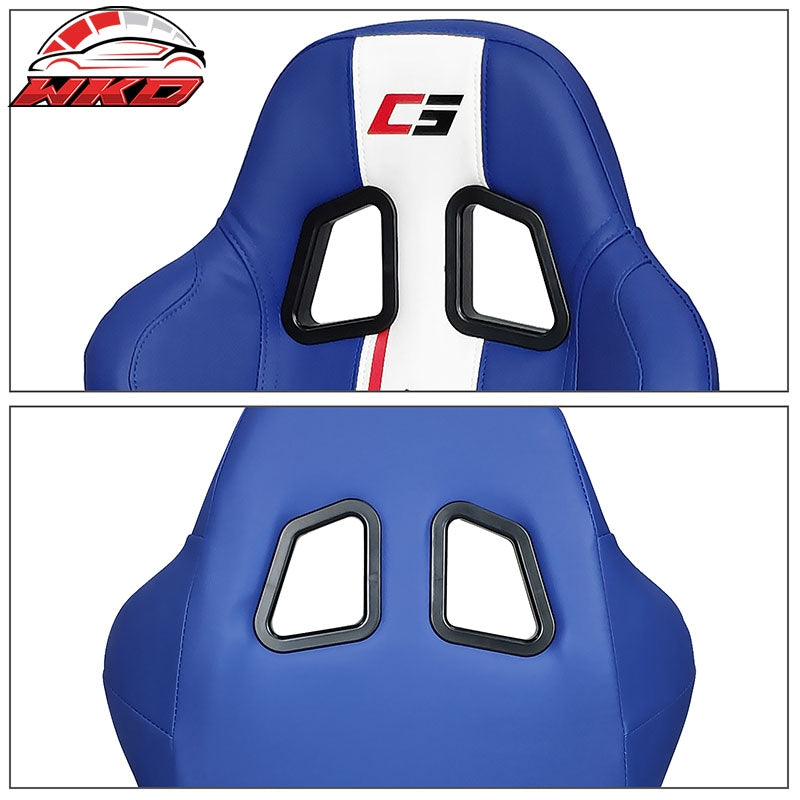 Universal Reclinable Racing Seat Dual Slider Left Blue PU Leather White Stripe